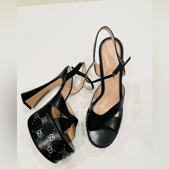 Gucci Black Leather Janaya Gg-studded open toe Platform Sandals EU 41 - Picture 3 of 15